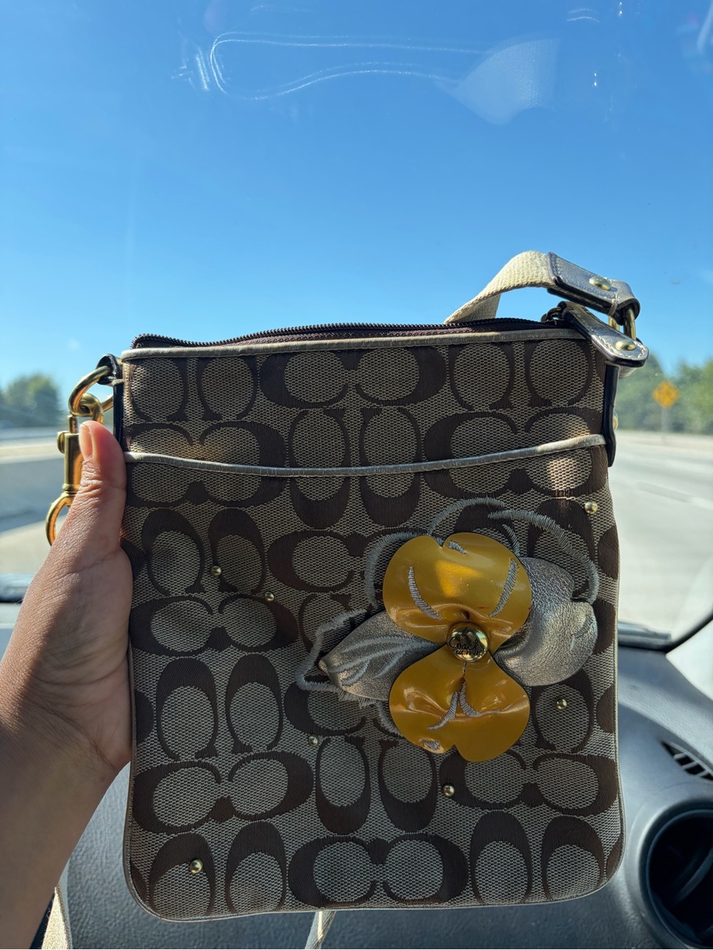 Coach Brown Signature Crossbody with Yellow Flower Detail